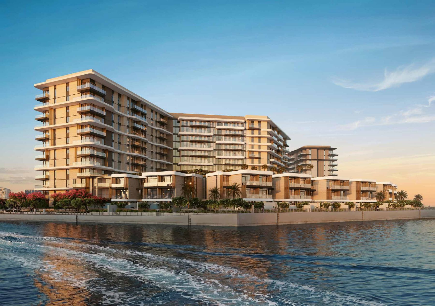 Azura Beach Residences в Al Mouj Muscat со стороны набережной на закате