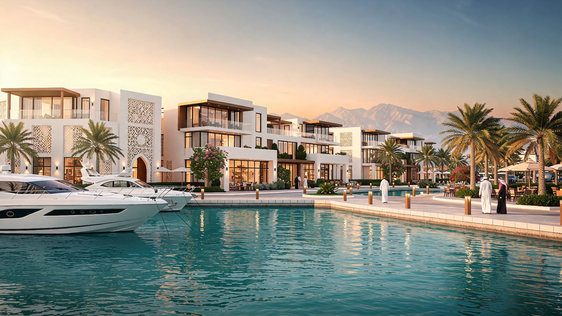 Luxury waterfront villas and marina at sunset, Oman