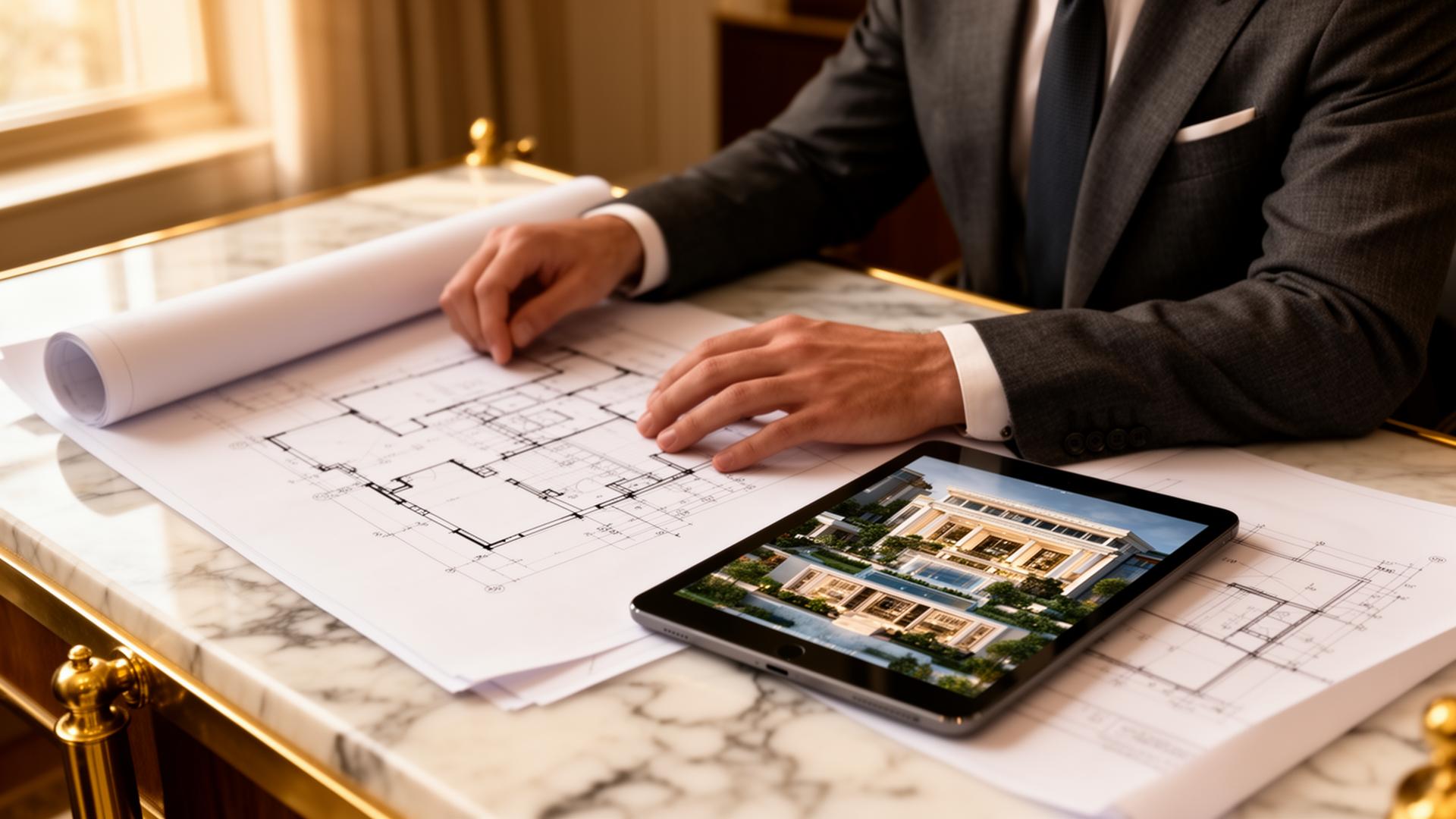 Real estate professional reviewing a city development on a tablet